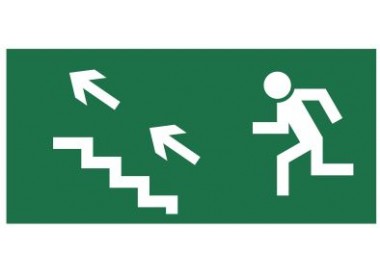 Znak kierunek do wyjścia drogi ewakuacyjnej schodami w górę (na lewo) (107)