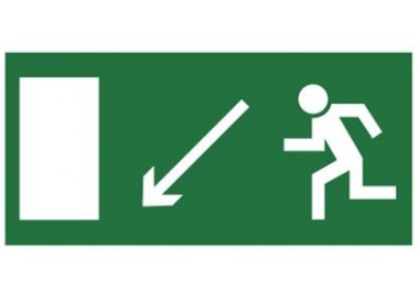 Znak kierunek do wyjścia drogi ewakuacyjnej w dół w lewo (znak uzupełniający) (101-02)