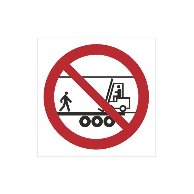 Znak zakaz przebywania na naczepie gdy w środku jest wózek transportowy (bez opisu) (650)