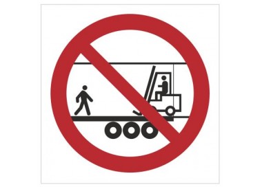 Znak zakaz przebywania na naczepie gdy w środku jest wózek transportowy (bez opisu) (650)