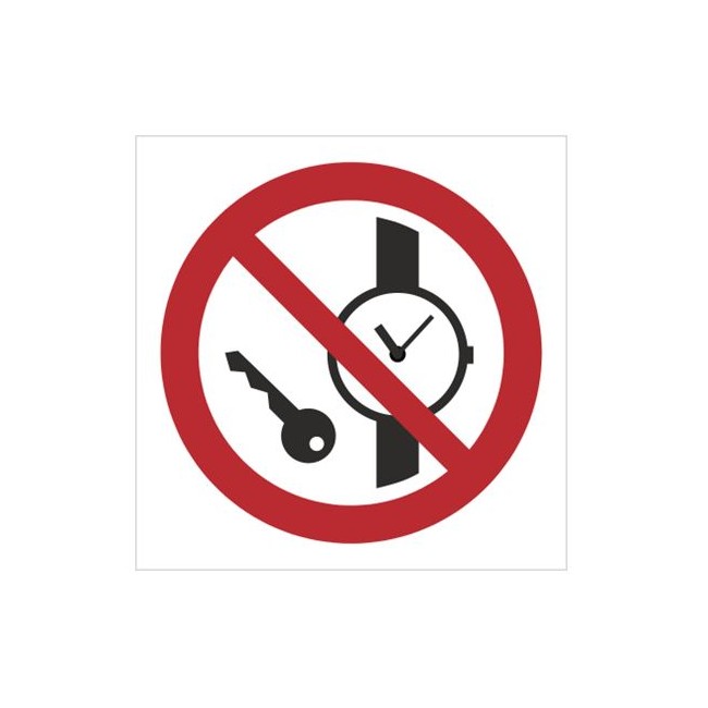 Znak zakaz wstępu z przedmiotami metalowymi i zegarkami (P08)