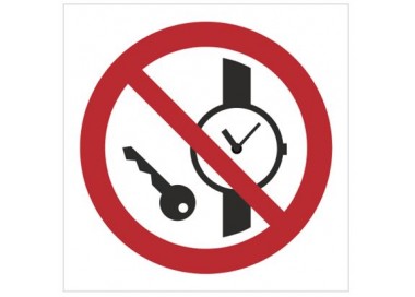Znak zakaz wstępu z przedmiotami metalowymi i zegarkami (P08)